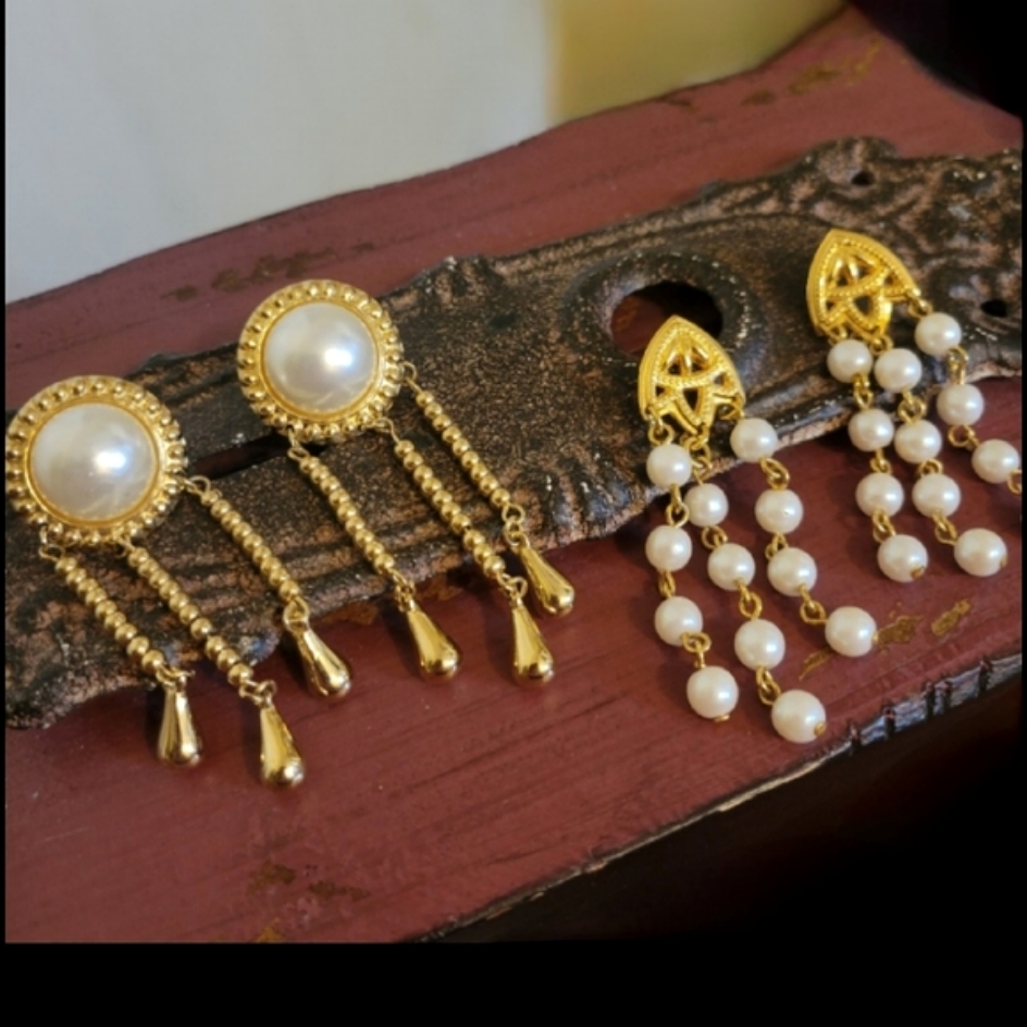 Vtg 90s Gold Pearls Baroque Style Long Dangle Chandelier Earrings Bundle Nwot